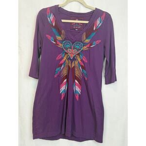 Johnny Was JW Los Angeles Purple Embroidered Feather Heart Tunic Top Medium